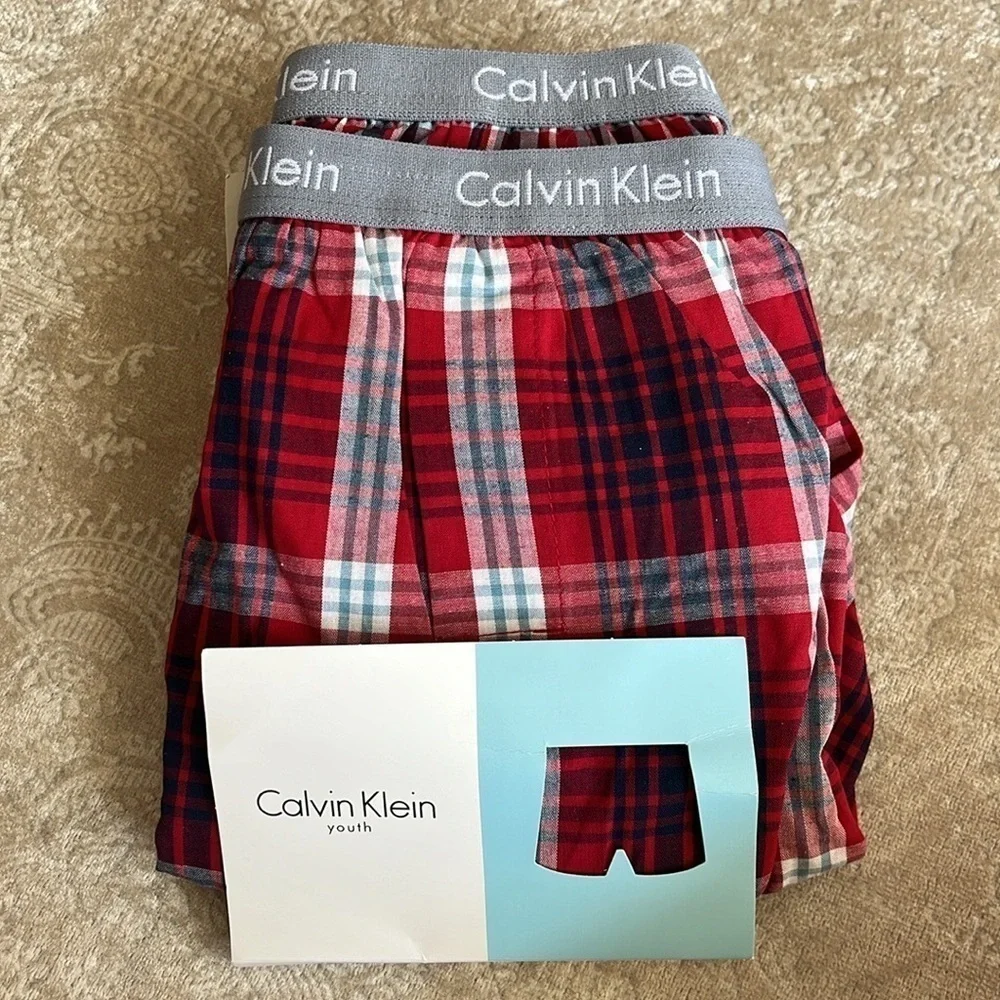 Brand New Calvin Klein 2-Pack Boys Plaid Cotton Boxer Shorts Red Blue Underwear
